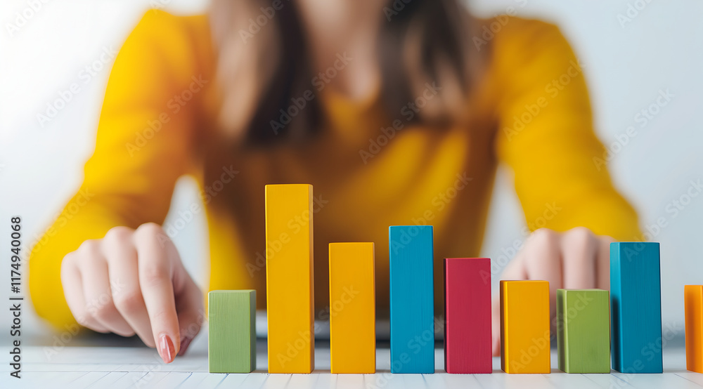 Aufkleber a person in a bright yellow sweater analyzes colorful bar graphs on a table, indicating data visuali