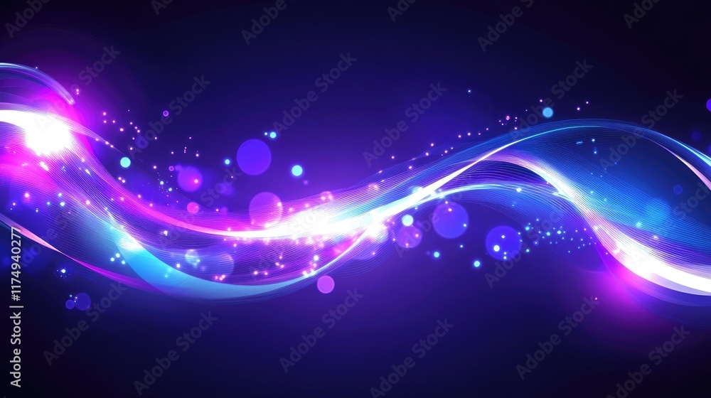 Poster abstract waves of deep purple and vibrant blue intertwined, creating a modern, flowing background wi