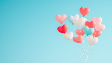 Fototapeta premium A bunch of colorful heart shaped balloons floating against a clear blue sky, creating a festive atmosphere for celebrations like Valentine Day or anniversaries.