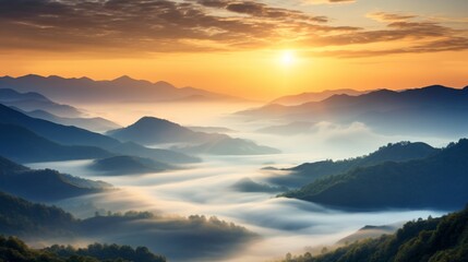 Obraz premium Sunrise with fog-covered hills in the distance, ethereal landscape