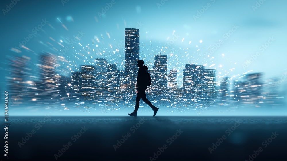Aufkleber a lone figure walking through a futuristic cityscape with augmented reality overlays and glowing dat