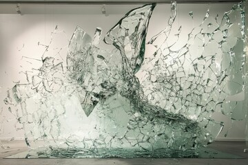Shattered glass pieces form abstract sculpture.