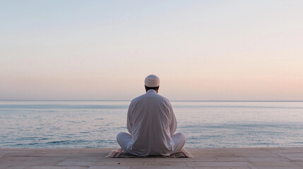 Fototapeta premium Person Praying by the Sea at Dawn