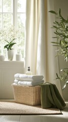 A cozy laundry setup featuring a basket with folded towels, a bottle of detergent, and a touch of greenery, illuminated by soft natural light.