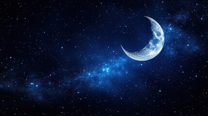 Fototapeta premium A crescent moon glows against a backdrop of twinkling stars and a soft nebula. Ideal for space-themed designs or adding a touch of celestial wonder.