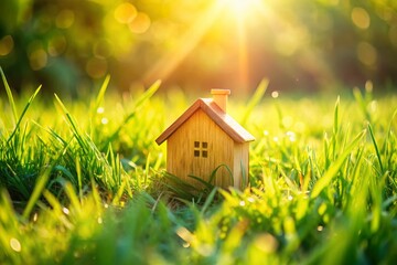 Minimalist Wooden House on Grass: Mortgage, Real Estate, Property Insurance Concept