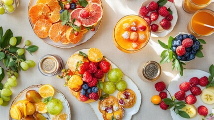 Artisan brunch spread on taupe linen with natural light