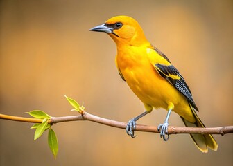 Fototapeta premium Minimalist Yellow Oriole Bird Photography: Simple Branch, Yellow Bird