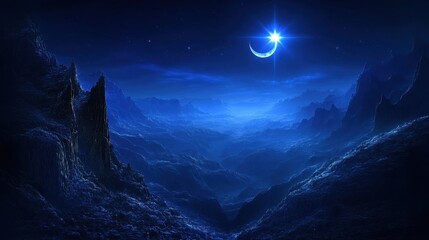 A luminous crescent moon illuminates a dark blue mountain landscape. Ideal for fantasy book covers or music album art.