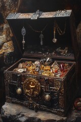 Ornate chest overflows with gold, jewels, and chains.