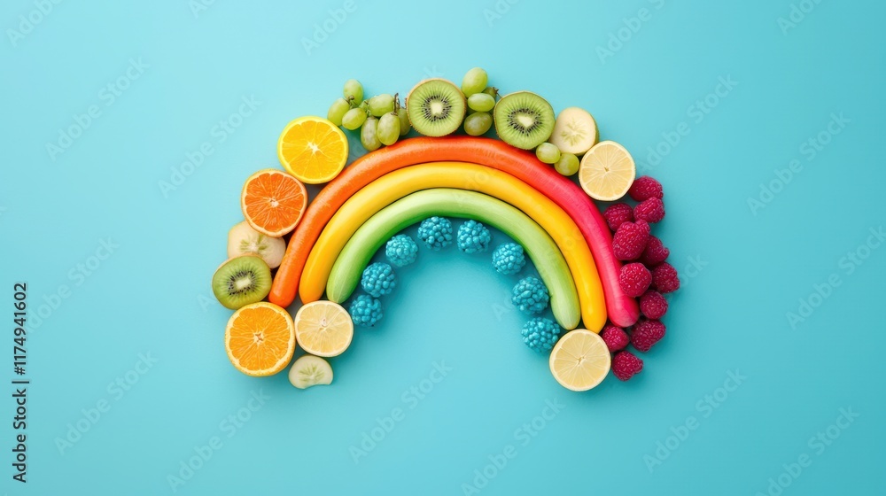 Poster a colorful array of fresh fruits and vegetables arranged in the shape of a rainbow, promoting health