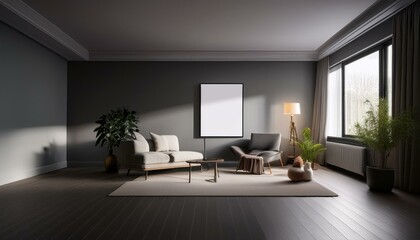 Stylish living space with leather couch, dim lighting, wood-panel wall, and simple decorative elements.