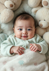 Adorable infant with teddy bears on a soft blanket