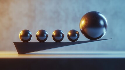Four small spheres arranged in a pyramid on one side of a seesaw, counterbalanced by a single larger sphere.