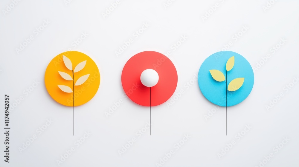Poster a minimalist still life composition featuring three primary colored objects against a white backgrou