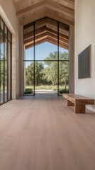Obraz premium A serene farmhouse hallway with large windows, light wood flooring, and a minimalist bench, offering a view of greenery outside.
