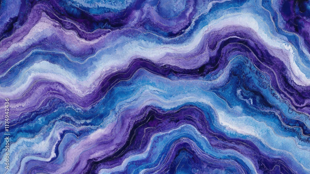 Poster bold and fluid abstract lines in purple and blue, blending together in a mesmerizing pattern, perfec