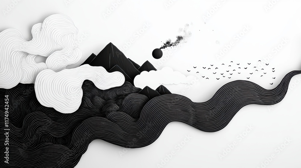 Poster an abstract art piece created using only black ink on white paper, exploring the expressive potentia