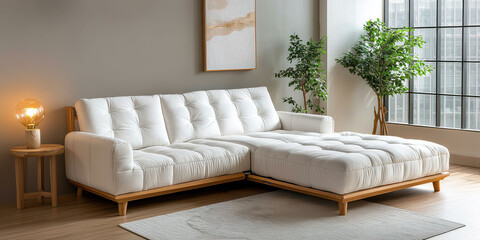 Stylish modern living room with a white sofa and greenery for a fresh look.