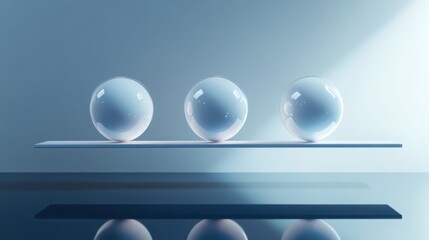 Three spheres in a row balancing on a seesaw, with a mirrored surface reflecting the balance below.