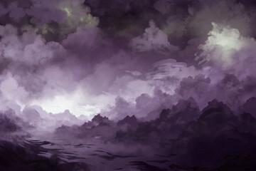 Dramatic cloud formations, moody atmosphere, abstract landscape, purple hues, digital painting, serene water reflections.