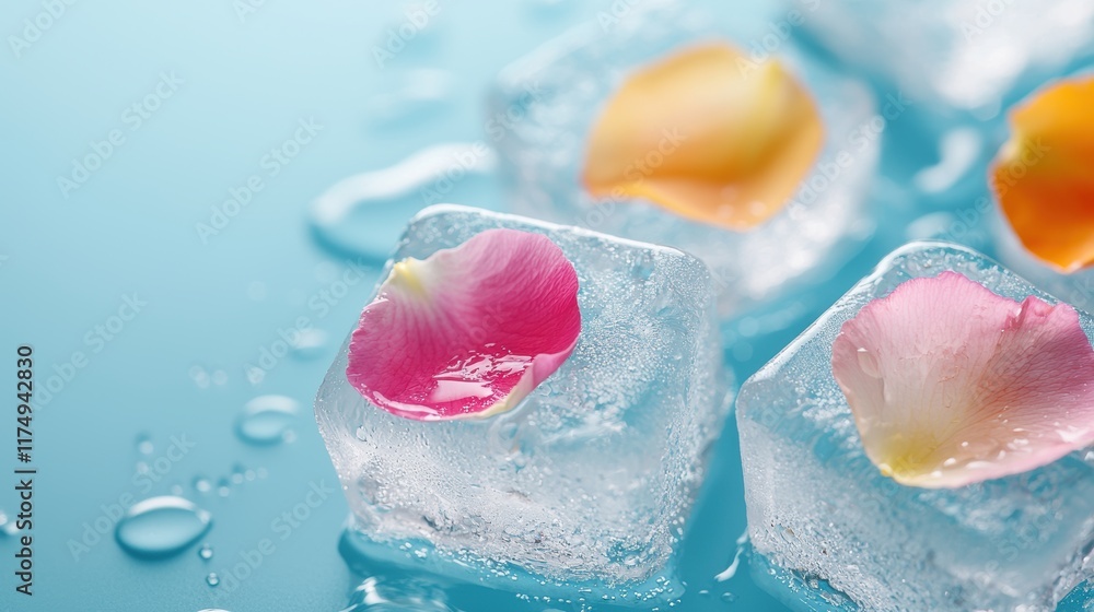 Poster a macro shot of colorful flower petals frozen in ice cubes, creating a refreshing and visually appea