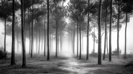 Obraz premium Monochrome photo of a foggy forest path.