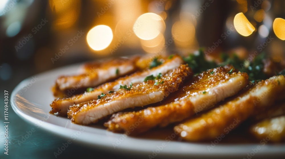 Sticker A close-up of crispy fried pork belly slices glazed with golden fish sauce, placed on a white plate, garnished with herbs, and illuminated by soft, warm lighting