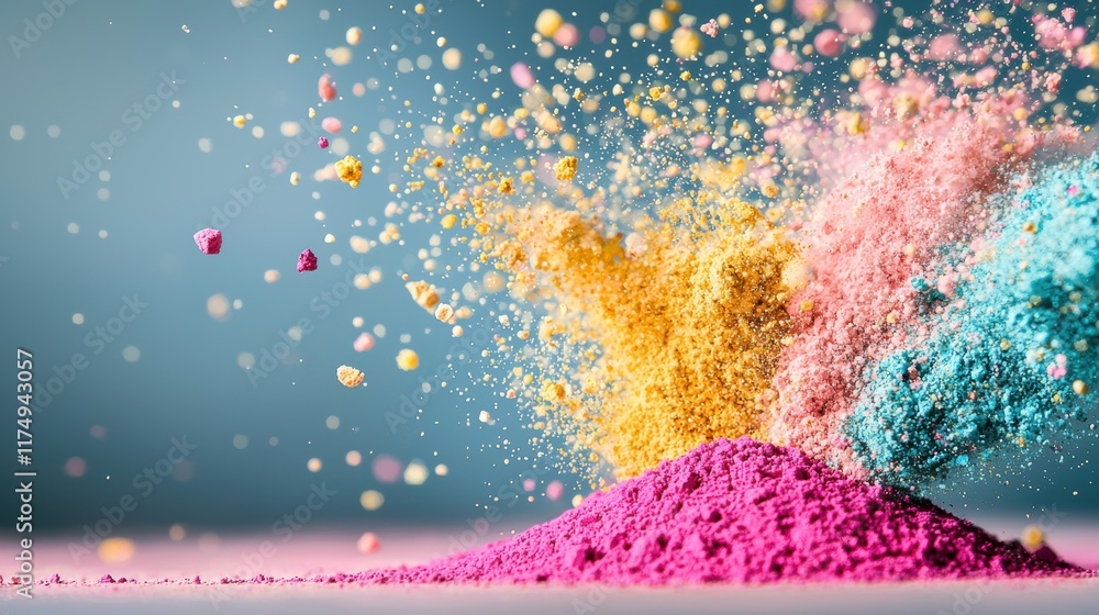 Poster a close up shot of colorful powdered pigments being poured from containers, creating a cloud of vibr