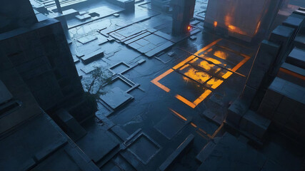 a dark area with square shapes and lights
