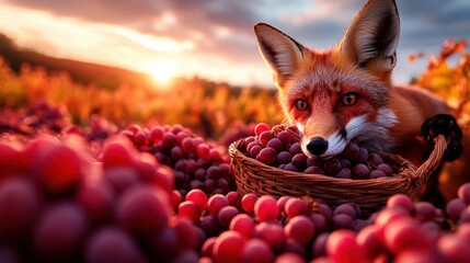Fototapeta premium An adorable fox rests with a basket of luscious red grapes during sunset in a picturesque vineyard, embodying the peacefulness and charm of rural harvest times.
