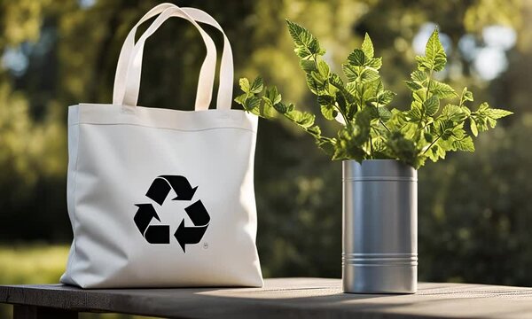 Cloth bag with recycling sign.
