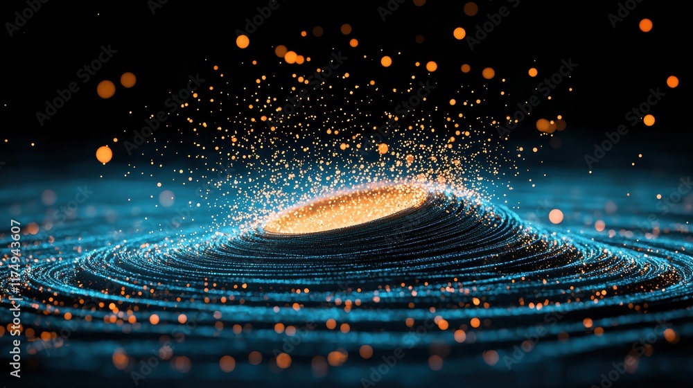 Poster an abstract representation of data visualized as a swirling galaxy of glowing particles, conveying t
