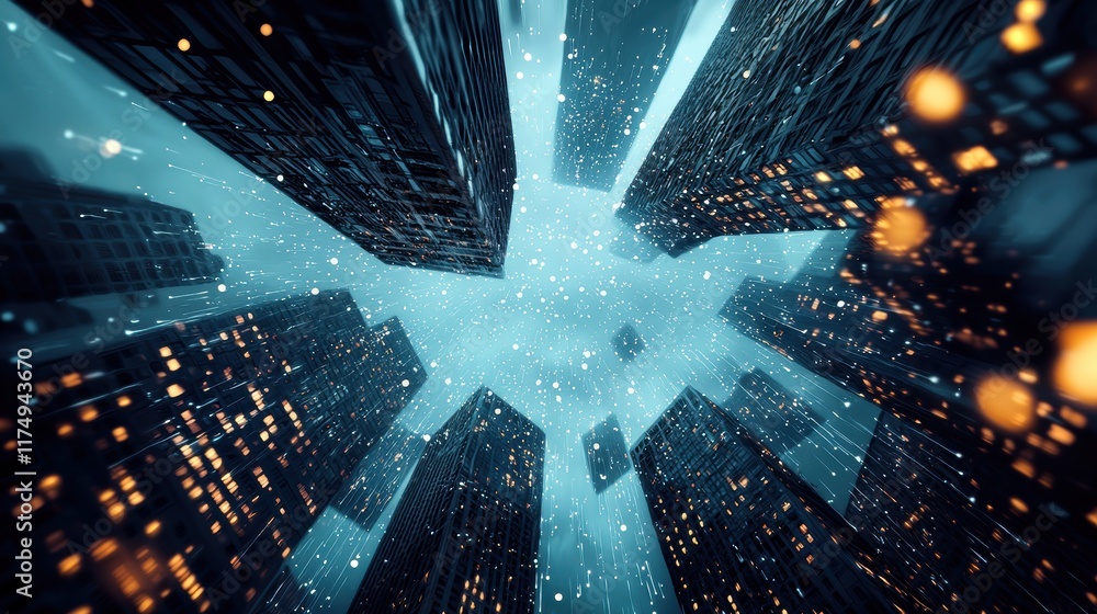Poster a futuristic cityscape at night with data streams flowing between buildings, representing the increa