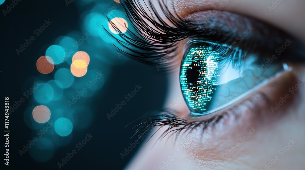 Poster a human eye superimposed on a background of flowing binary code, representing the concept of data an