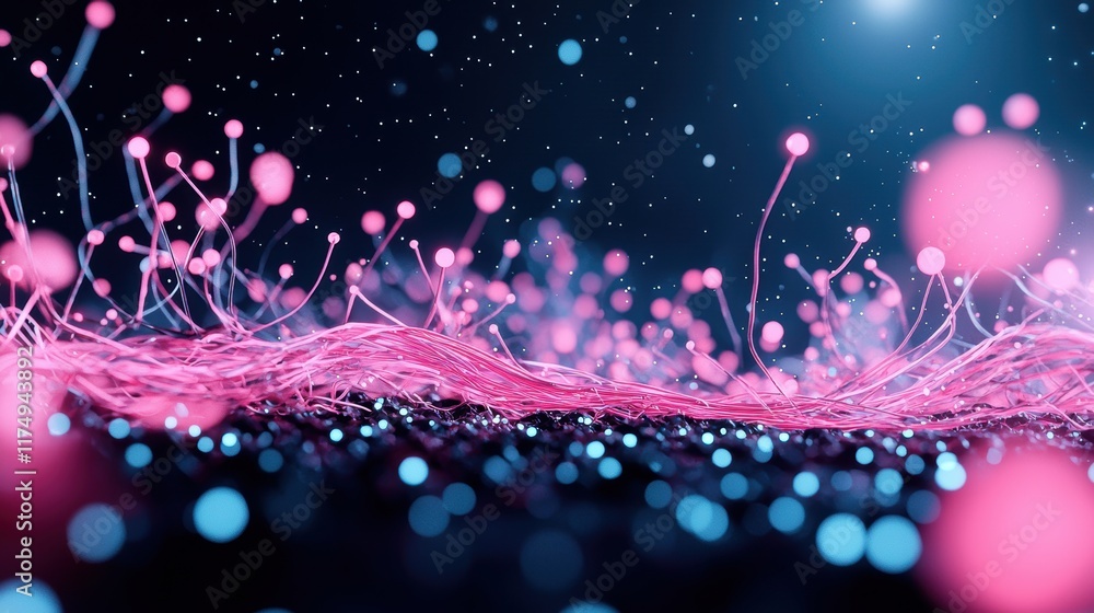 Poster an abstract representation of data packets traveling through a network of glowing nodes, symbolizing