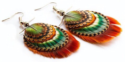 Fototapeta premium Elegant Wild Pheasant Feather Earrings on White Background - Nature Inspired Jewelry