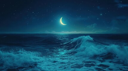 A mesmerizing night seascape with a crescent moon and starry sky. Ideal for calming backgrounds, meditation apps, or sleep-inducing visuals.