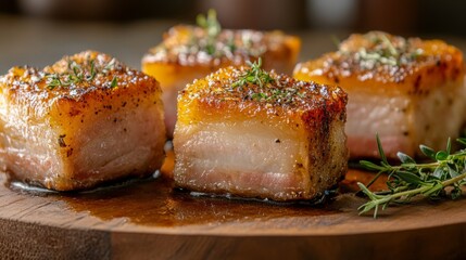 A close-up of crispy, golden pork belly pieces glistening with fish sauce, surrounded by fresh herbs and served on a rustic wooden plate, with warm lighting