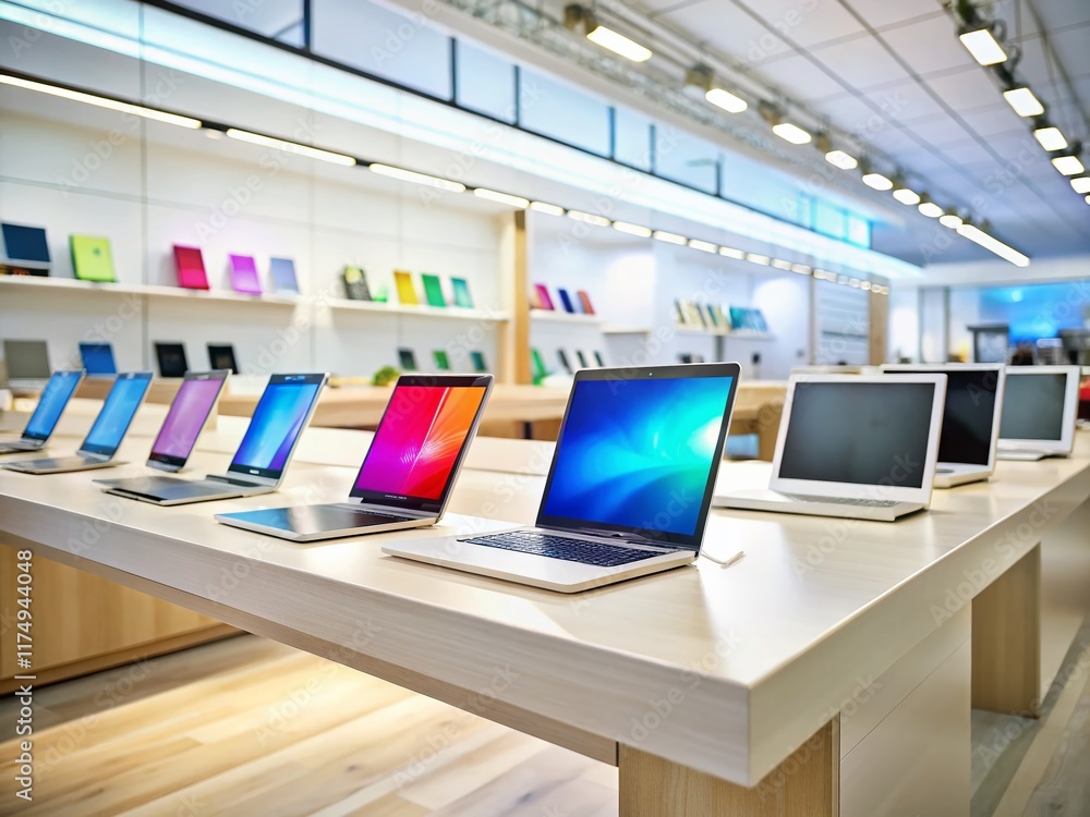 Poster modern laptops & tablets displayed on minimalist counter in tech store - stock photo