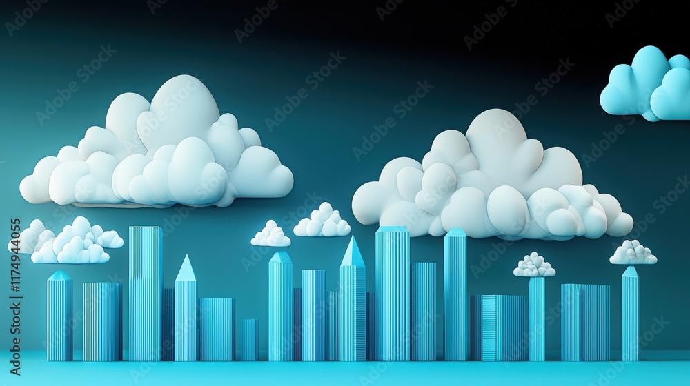 Poster a cityscape with stylized clouds hovering above buildings, representing the ubiquitous nature of clo