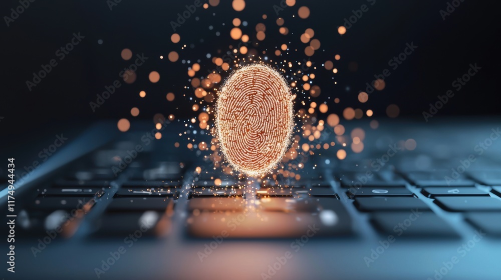 Poster a fingerprint glowing on a keyboard, representing the increasing use of biometric authentication for