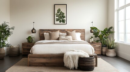 stylish bedroom with wooden accents and soft earthy tones