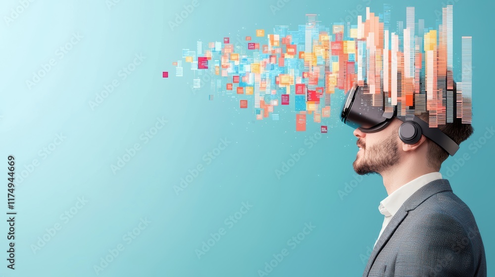 Poster a businessperson in a suit using a virtual reality headset to interact with a 3d visualization of fi