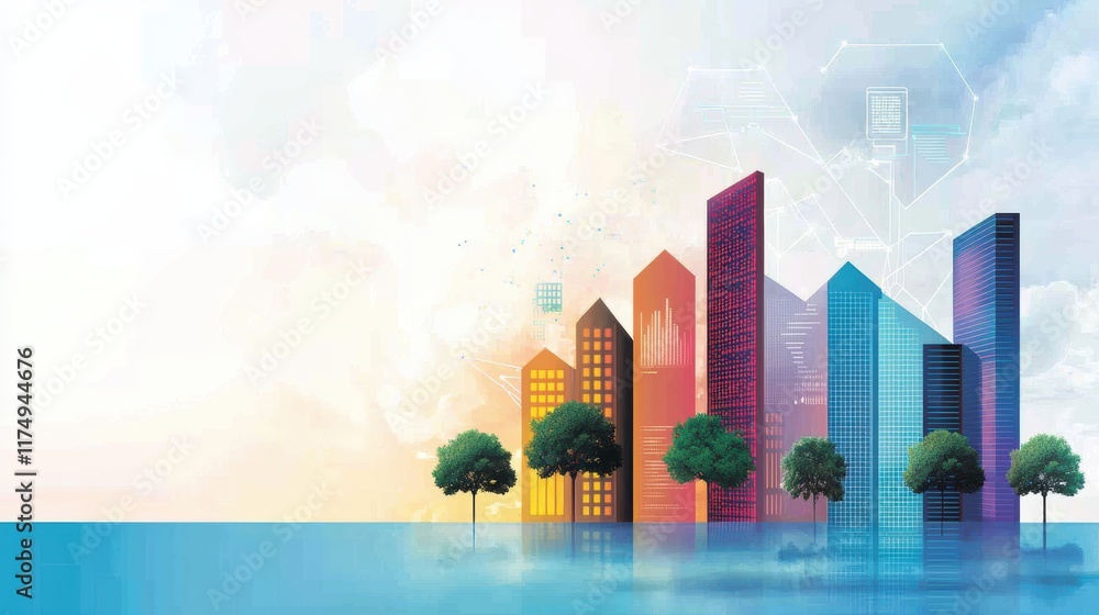 Poster a cityscape with interconnected devices, sensors, and data streams, illustrating the concept of a sm