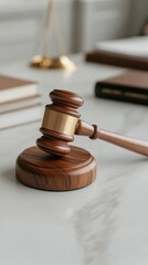 A close-up of a judge's gavel resting on a desk, surrounded by legal books, conveying a sense of justice and authority.