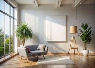 Naklejka premium Modern Minimalist Home Interior with Blank Canvas Mockup - Stylish Empty Room Design