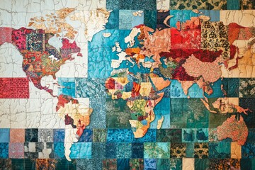 Fototapeta premium World map collage, textured, colorful, patterned fabric.