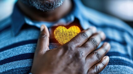 A man places his hand over his heart, symbolizing compassion and love, beautifully highlighted against a colorful backdrop that adds depth and warmth to the emotion depicted.