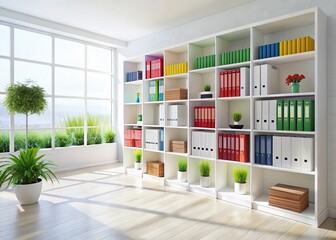 Modern Minimalist Office Bookshelves: Panoramic Stock Photo
